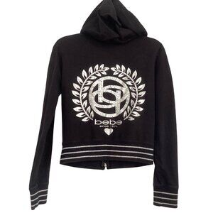 Bebe Womens Black Zip-Up Hoodie Size M Y2K Silver Logo Design & Striped